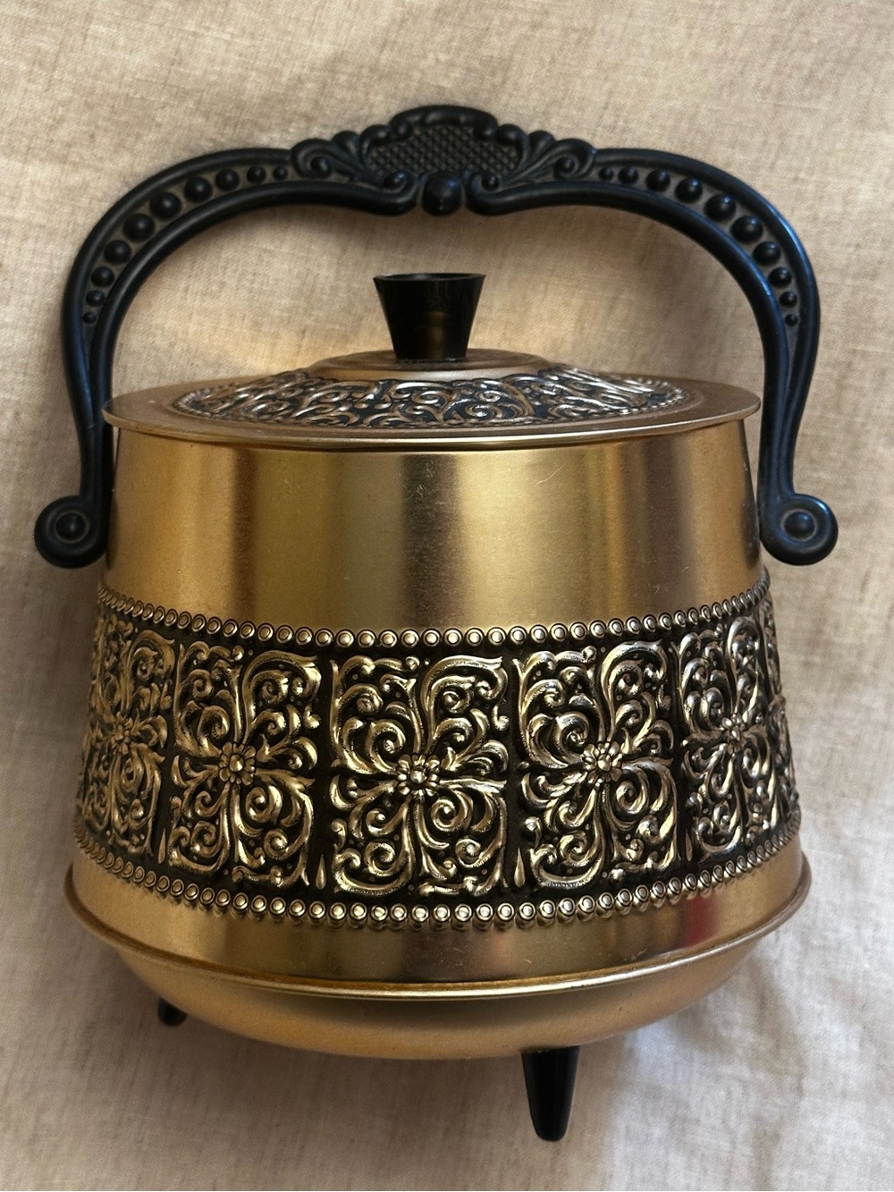 Ornate Gold Decorative Tin Cauldron Jar with Black Handle